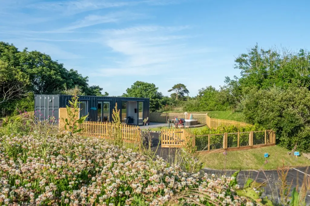 Calcite Cabin surrounded by wildflowers at Trevassack